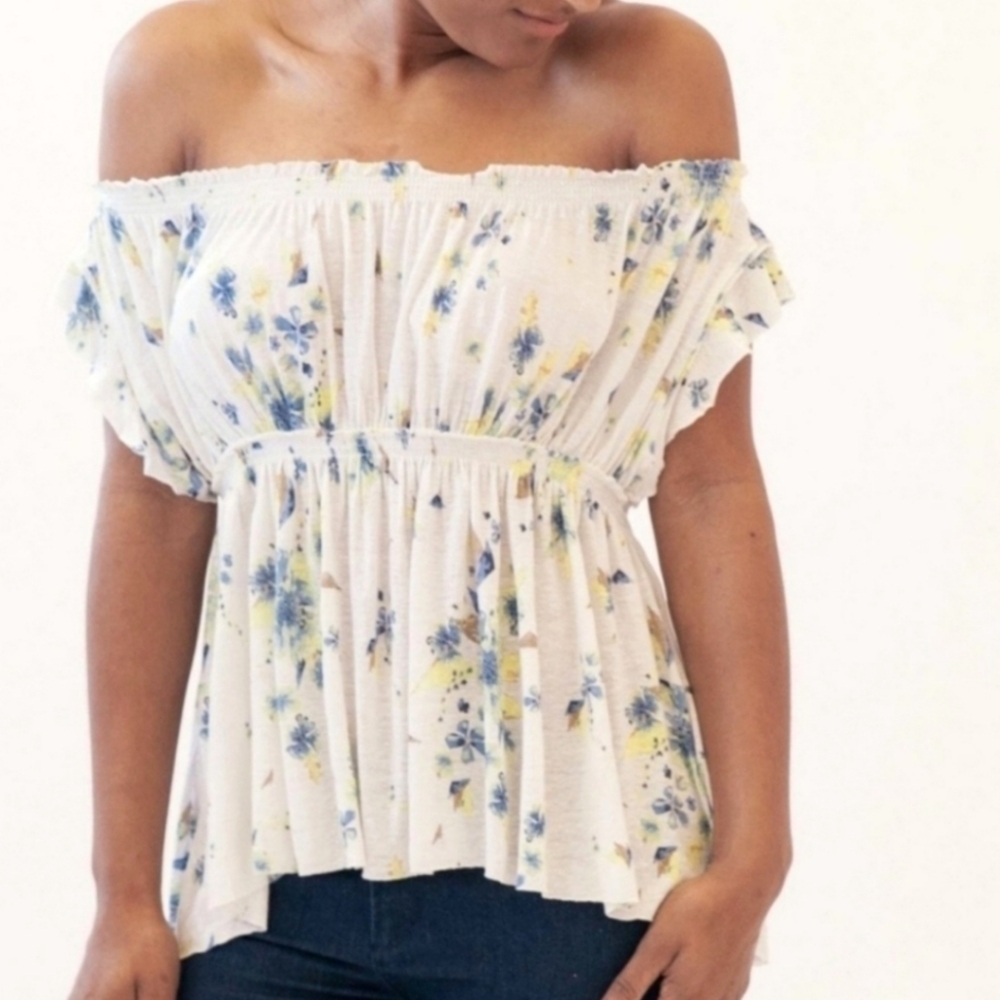 We The Free Sam Off Shoulder Linen Floral Top size Medium Ivory Yellow
